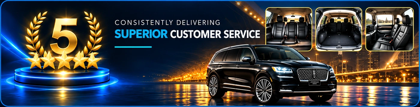 Consistently Delivering Superior Customer Service. Five gold stars, a luxury SUV, and passenger and cargo interiors.